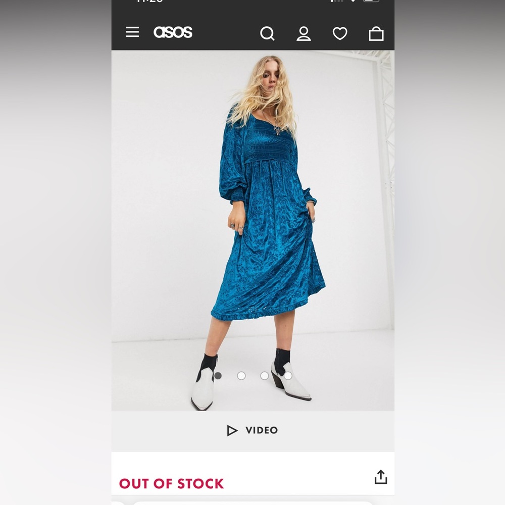 ASOS Blue Velvet Long Sleeve Frock Eyelet Overlay Tea Length size 8